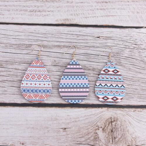 ZWPON Women Tribal Leather Earrings Zigzag Stripe Print Leather Teardrop Earrings Jewelry Wholesale