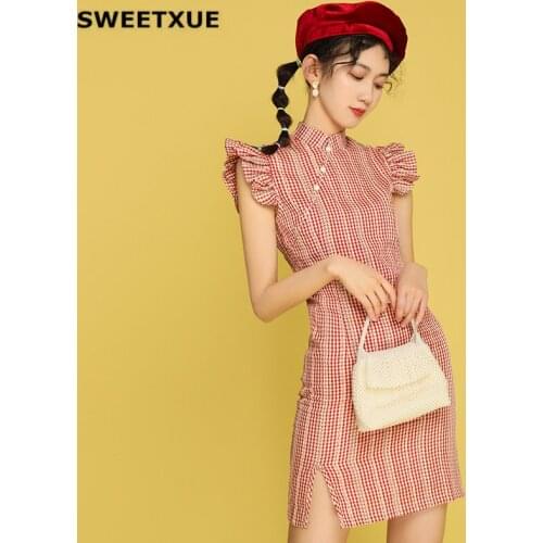 SWEETXUE 2020 Summer Improved Cheongsam Cute Girl Modern Plaid Temperament Slim Fashion Dresses
