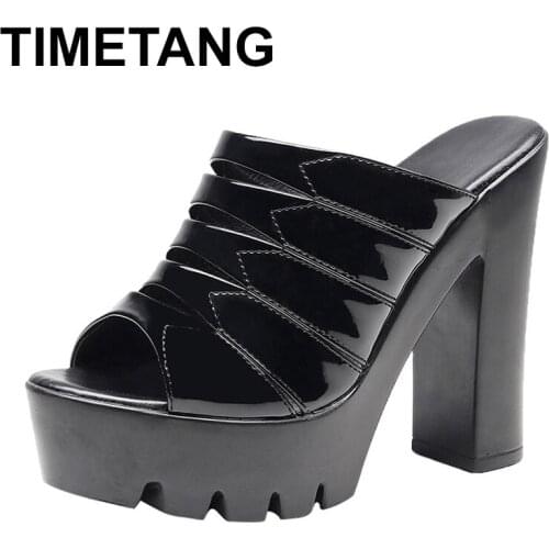 TIMETANGBig Size 35-42Patent Leather Women Wedding Slippers Summer Shoes2019High Heel Slides Ladies Platform Heel Block Slipper