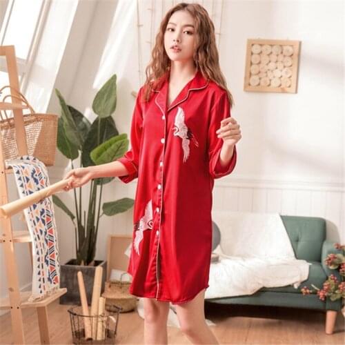 Wine red pijama womens cardigan night skirt spring summer casual fashion shirt lapel home service bride night skirt Sleepwear