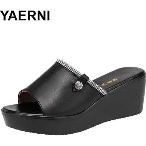 YAERNI Open Toe Rhinestone Platform Slippers Leather Summer Shoes 2021 Elegant High Heels Wedges Slides Women Office Big Size