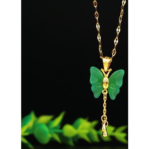 Green natural stone Butterfly necklaces for Women 24K Gold color Chain Bowknot tassel pendant Bridesmaid Christmas gift Jewelry