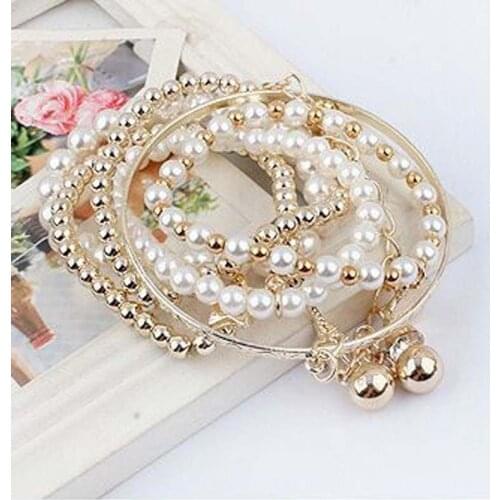 Womens Lady Simulated-pearl Chain Multilayer Pendant Bangle Eiffel Tower Bracelet Gift Vintage Pendant Bracelets Gift Jewelry