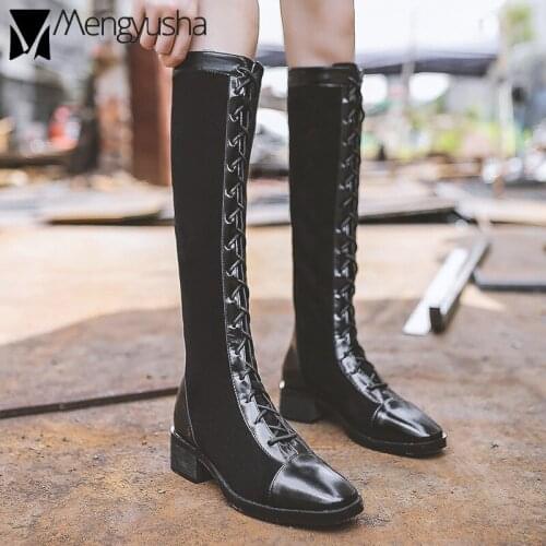 Women Knee High Boots Cross Tie Knight Motorcycle Botas Winter Long Tube Botines Patchwork Faux Suede&Leather High Top Booties