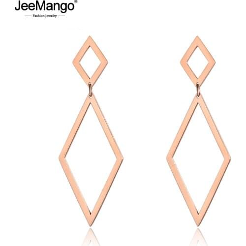 JeeMango Trendy Rose Gold Jewelry Different Sizes Rhombus Stainless Steel Earrings For Women Pendientes Mujer Moda JE18099