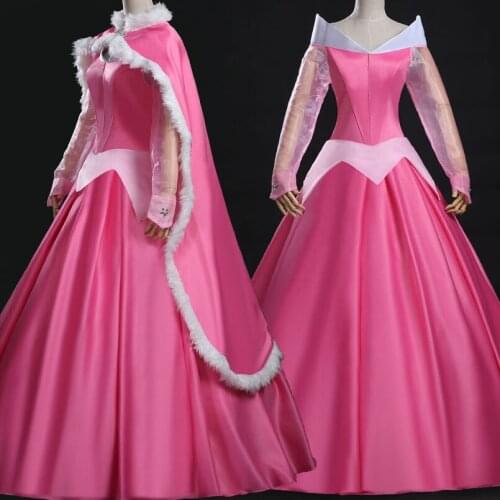Sleeping Girl Princess Aurora Cosplay Costume Adult Women Pink Party Dress With Cloak Fancy Halloween Carnival Ball Gown