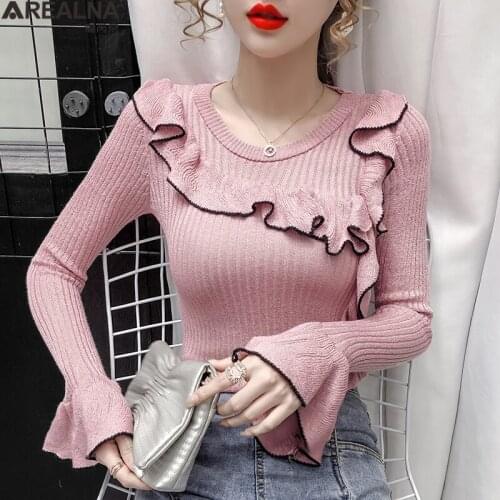 Ruffled Trim Knitted Jumper White Pink Sweater Women Autumn Winter Flared Sleeve Woman Sweaters Fashion Pullover Ladies Knit Top