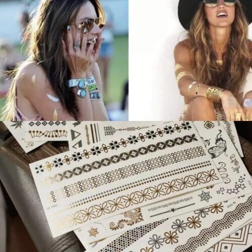 1 Sheet Summer Style Men Women Body Art Gold Metallic Tattoo Sticker Chain Bracelet Fake Jewelry Waterproof Temporary Tattoo