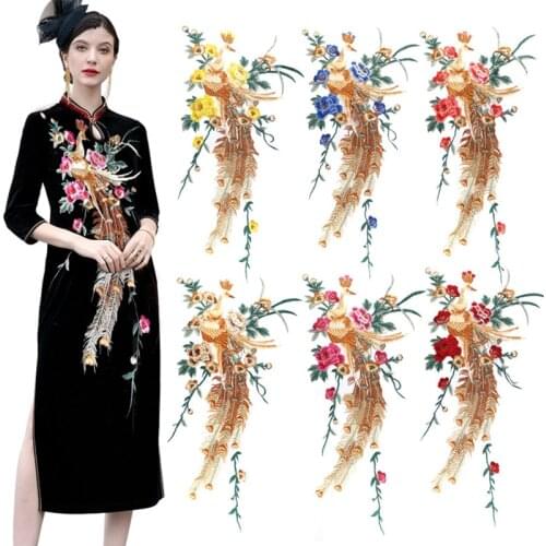 1pcs Embroidery Fabric Peacock Peony Appliques Sew Patches Trimmings for Cheongsam Dress DIY Craft