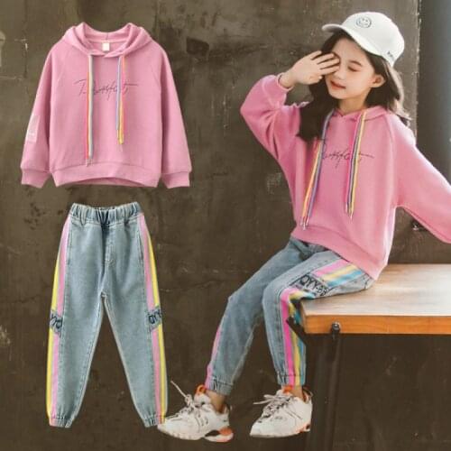 Spring Winter Warm Children Girls Suit Jacket Jeans Pants 2Pcs/Sets Active Clothing Kids Sport School Pink Orange High Quality