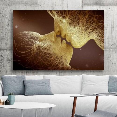 Grey Love Kiss Canvas Painting Abstract Couple Prints and Posters Golden Pictures Home Bedroom Living Room Decoration Wall Art