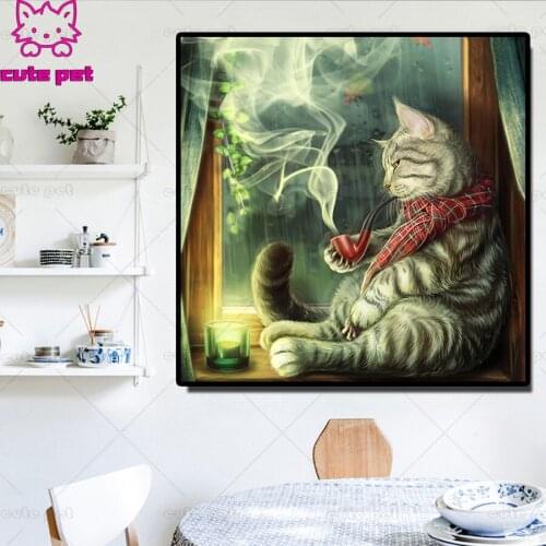 Full Square Round Drill 5D DIY Diamond Painting Pipe cat Cool kitten 3D Embroidery Cross Stitch Mosaic Rhinestone Home Decor