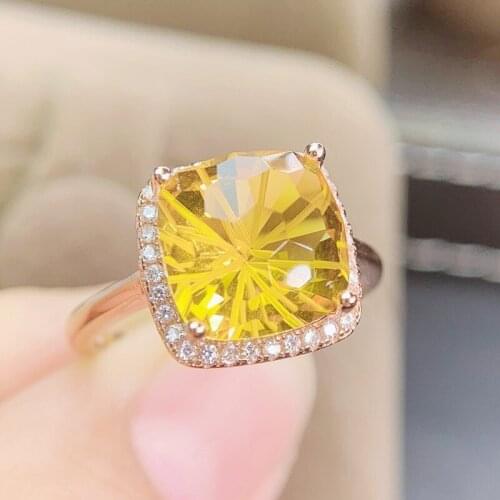 Natural real yellow citrine square big ring Free shipping 10*10mm 4.2ct gemstone 925 sterling silver Fine jewelry J215285