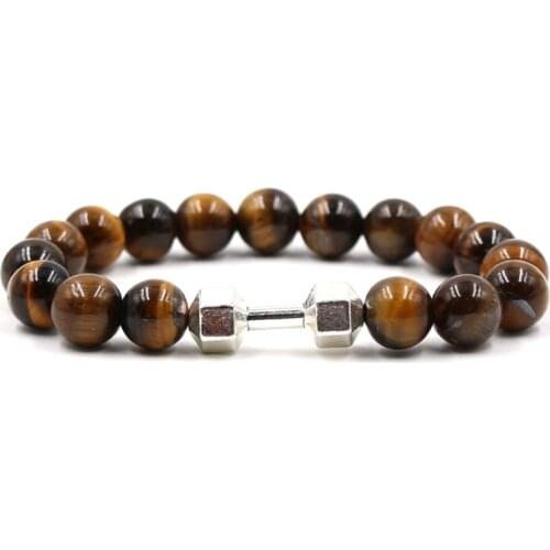 Classic Natural Tiger eye Bead Bracelet Dumbbell Alloy Accessories Bracelet Beads Bracelets Men Fitness Barbell Buddha Jewelry