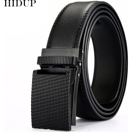HIDUP High Quality Design Alloy Automatic Ratchet Metal Belts Cow Genuine Leather Belts Men 3.5cm Wide Jeans Accessories NWJ658