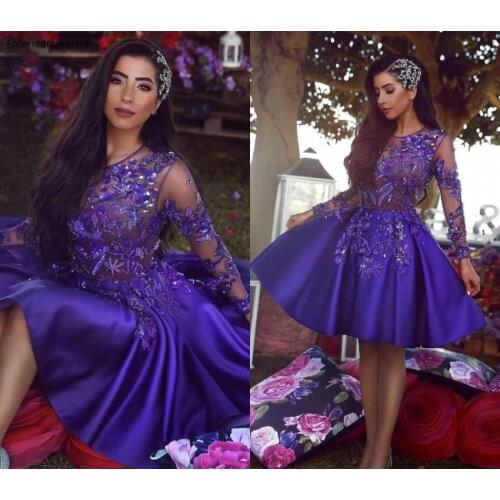 Saudi Arabic Cocktail Dresses 2019 Dark Purple A Line Knee Length Girls Graduation Homecoming Party Gowns Plus Size Custom Made