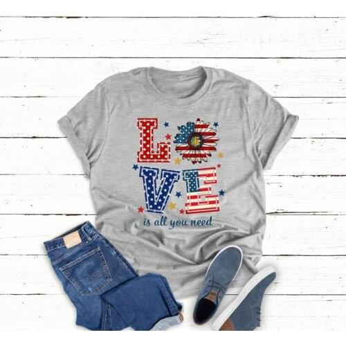 Love peace is all you need patriotic American t-shirt 4th of July Short Sleeve T-Shirts crop top 100% Cotton Tee goth harajuku