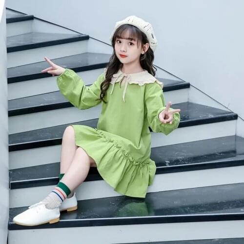 Fashion Girls Dress Spring Long Sleeve Doll Collar Sweet Dresses for Kids Girls Loose Ruffles Dresses Teenager Children Clothing
