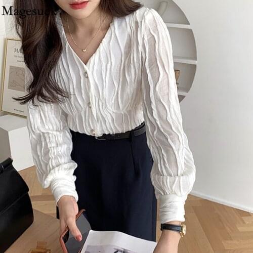Korean Fashion V Neck Womens Shirts Pleated Simple Elegant Blouse Loose Black Autumn Long Sleeve White Top Women Blusas 17116