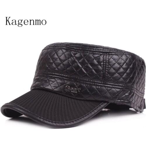 Kagenmo Men Winter Hat Keep Warm Thick Ear Protection Man Baseball Cap PU Leather Male Cap Bone Brim Outdoor Windproof