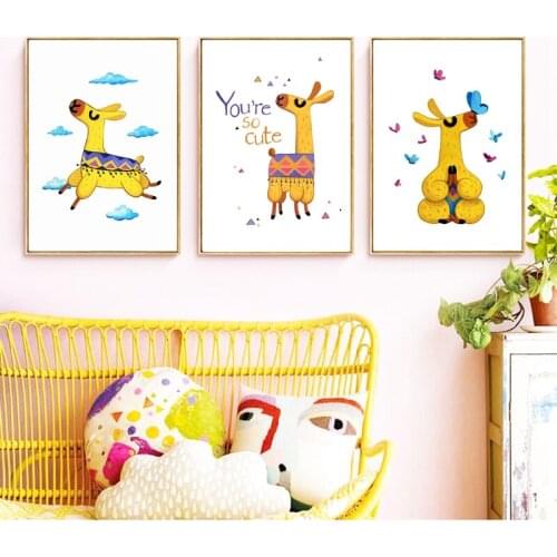 Llama Animal Print Nursery Wall Art Pictures Cute Alpaca Canvas Painting Baby Animals Nordic Poster Kids Room Wall Decor