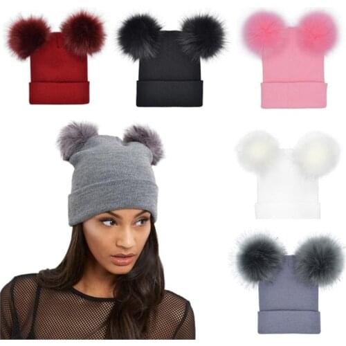 WZCX Solid Color Double Faux Fur Pom Pom Hat Pompom Hat Winter Hats for Women Knitted Beanie Women Girls Caps Skullies Beanies