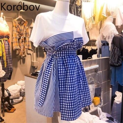 Korobov Harajuku Hit Color Patchwork Women Dress Korean Streetwear High Waist Female Dresses O Neck Short Sleeve Vestidos