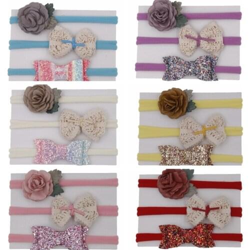 New 3pcs/lot Flower Infant Toddler Hair Bands Soft Cotton Hollow Out Bowknot Children Headband Shiny Bow Kids Headwear Set