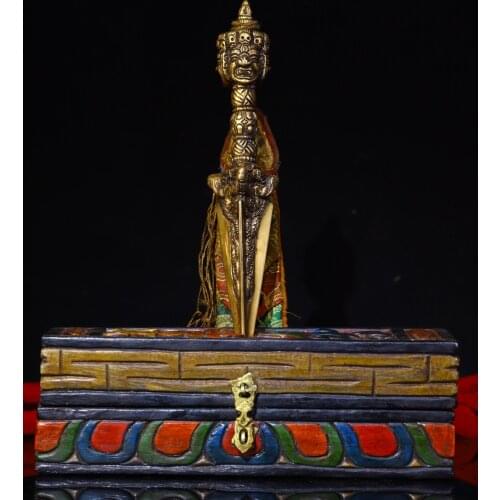 11" Tibet Buddhism Temple Old Bronze Three-sided Mahakala Head Skull Dorje Vajra Phurba Dagger Holder Painted Bodhi Root Box