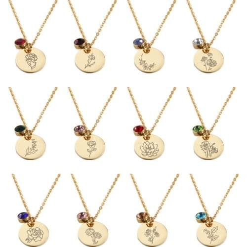 Birthday flower and birthday stone pendant jwelry making 12pcs New simple fashion birthday Necklace Necklace stainless steel