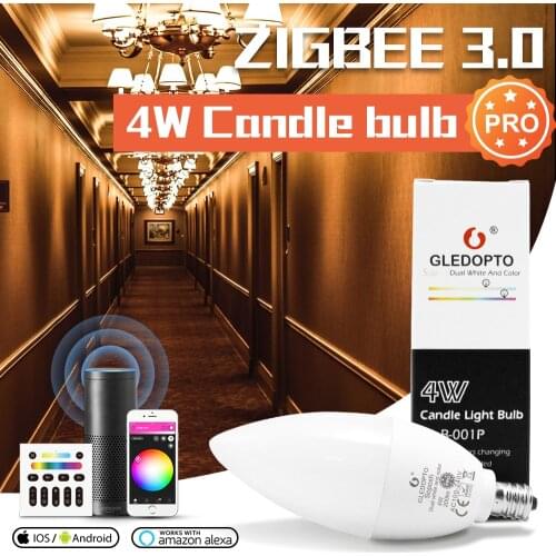 GLEDOPTO ZigBee 3.0 Candle Light Bulb Pro 4W E12/E14 RGBCCT 2000K-6500K Work with Amazon Echo Plus APP/Voice/RF Remote Control