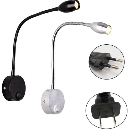 LED Wall lamp Knob Switch 3W Modern Bedroom Bedside Lamp 90-260V Black Silver Light Body 360 Degree Angle Adjustable wall light