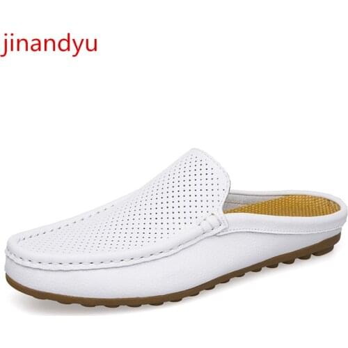 Mens Shoes Genuine Leather Casual Shoes Men Half Slippers Sandalias Hombre Blue Fashion Comfy Oxford Shoes for Men Slipper