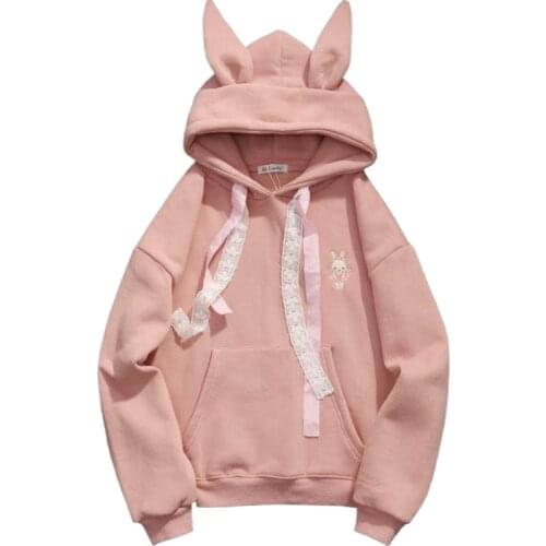 Merry Pretty Women Winter Thick Sweatshirt Rabbit Ears Embroidery Kawaii Sweet Girls' Hoodies Sweatshirts Female Hooded Tops