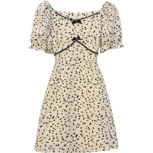 PERHAPS U Women Elegant Sweet Floral Print Bow Slash Neck Puff Sleeve Slim A-Line Pullover Zipper Short Dress Plus Size D3045