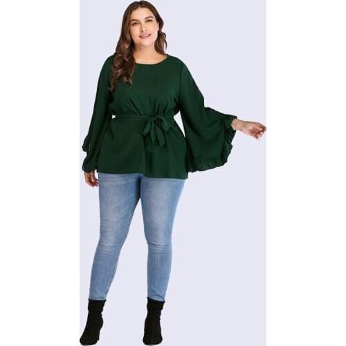 Women O-Neck Oversized T Shirt Long Flare Sleeve Green Solid Color Tops