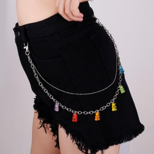 Cute Colorful Bears Dangle Pants Chain Waist for Women Hip Hop Silver Color Multilayered Jeans Chain Jewelry Body Accessories