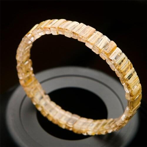 Genuine Brazilian Natural Gold Rutilated Quartz Crystal Rectangle Bead Stretch Bangle Bracelets For Women 8*4mm