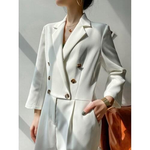 Double breasted White jumpsuit female autumn spring casual jumpsuit high waist wide leg drape suit collar suits Rompers F1679