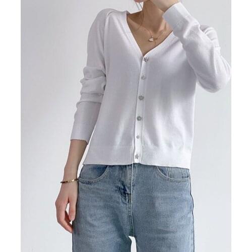 Womens V-Neck Knitwear Diamond Buttons Knit Cardigan 2021 Early Autumn Long Sleeve Simple Ladies Sweater Outwear Tops