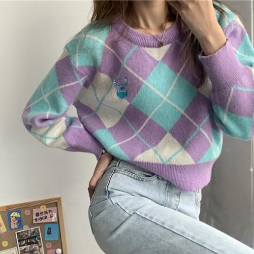 Vintage Argyle Sweater Women Autumn Winter Long Sleeve Korean Style Pullover Sweaters Warm knitted sweater pull femme sueter