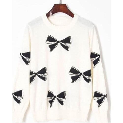 Black Bows Jacquard White Sweater Women Lazy Oaf Pulover Loose Jumpers 2021autumn Oversized Sweater Female Cute Knitwear Tops