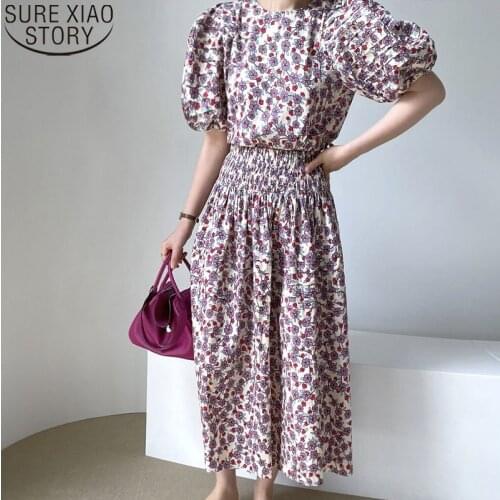 Sweet 2021 Summer Women Long Dress Floral Puff Sleeve O-Neck Dress Women Vintage High Waist Office Lady Dresses Vestido 14528