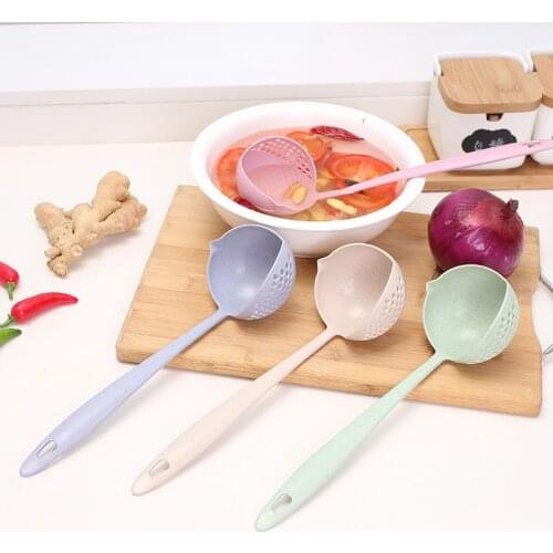1Pcs 2 in 1 Porridge Spoons Multi-function Long Handle Wheat Straw/PP Soup Spoon Filter Hook Design Kitchen Tools