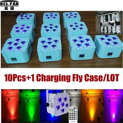 10pcs +1 fly case /lot) Wireless DMX control RGBWA+UV 6x18W led wash uplighting IR control led battery operated par light