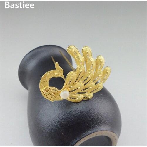 Bastiee Hmong Jewelry Peacock 999 Sterling Silver White Beads Hair Fork For Women Golden Plated Luxury Hair Stick Miao