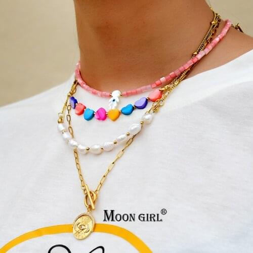 Gold Stainless Steel Cuban Link Chain Choker Beaded Heart Pearls Shell Moon Evil Eye Fashion Cross Pendant Necklace for Women