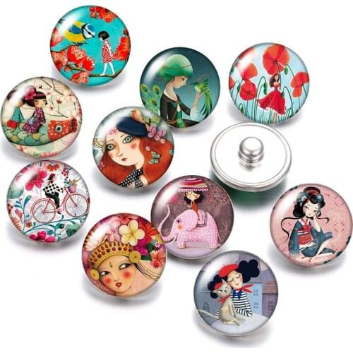 DB0576 Flower Girls beauty 18mm snap buttons 10pcs mixed round photo glass cabochon style for snap button jewelry
