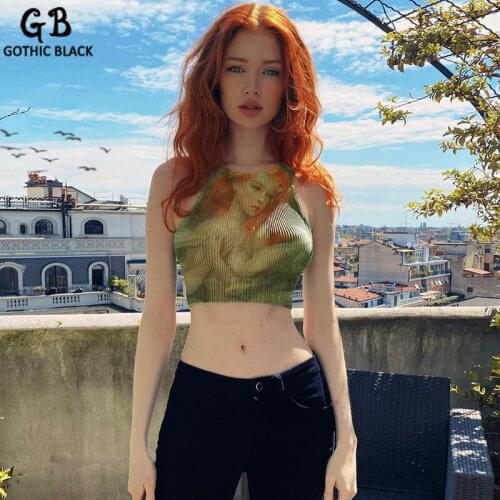 Gothblack Tank Top Oil Painting Of Girl Pattern Print Sleeveless Ribbed Knitted Skinny Crop Top Panelled Fashion Tie Dye Causal