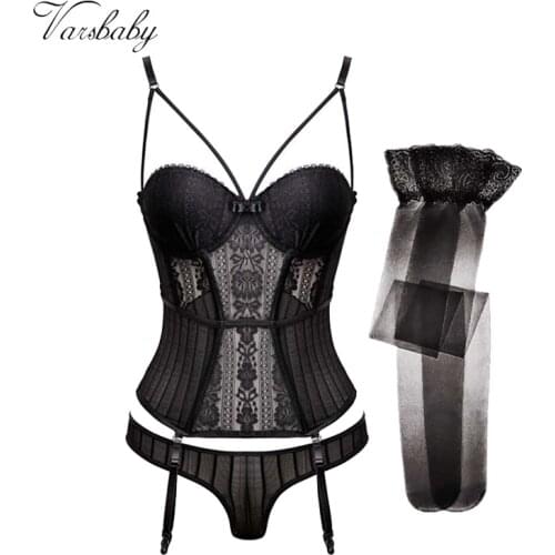 Varsbaby eyelash lace transparent temptation 1 bra set+1 pair stockings underwear set